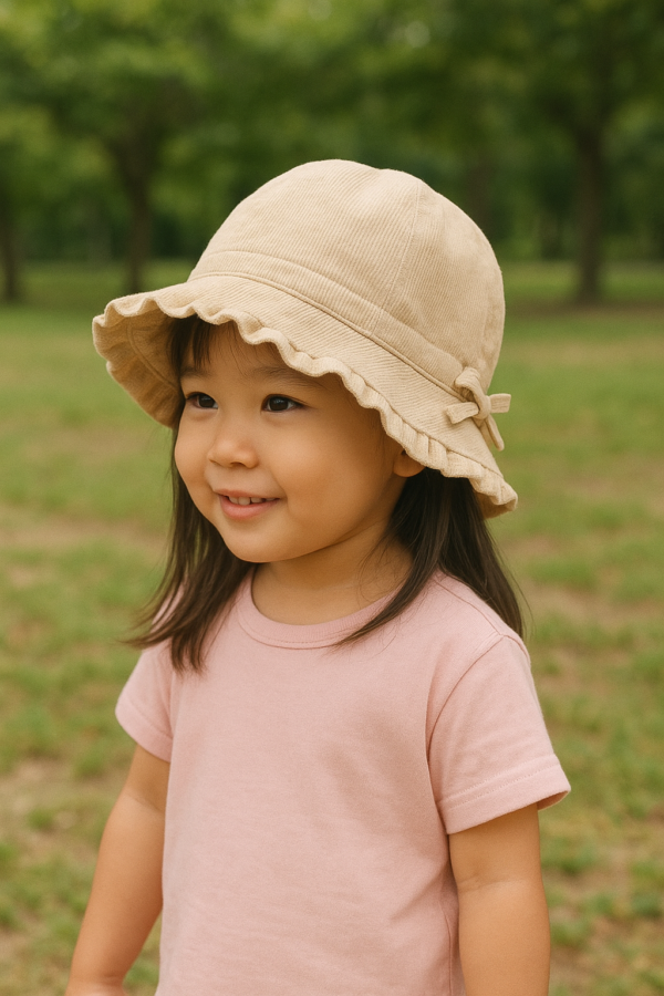 Ruffle Bloom Bucket Hat – Beige