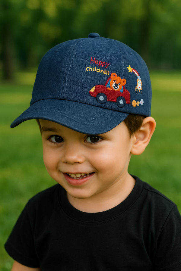 Cute Bear & Car Embroidered Cap – Navy Blue