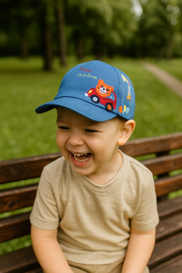 Cute Bear & Car Embroidered Cap – Sky Blue