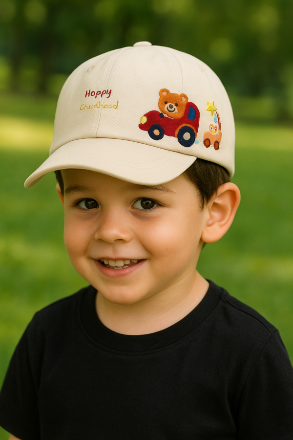 Cute Bear & Car Embroidered Cap – White