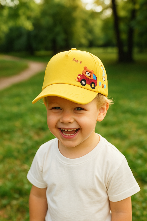 Cute Bear & Car Embroidered Cap – Yellow